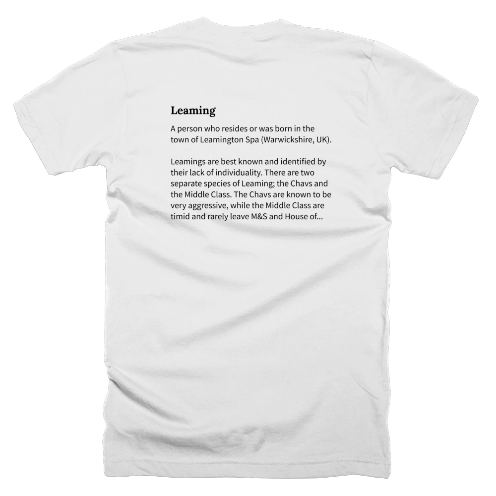 T-shirt with a definition of 'Leaming' printed on the back