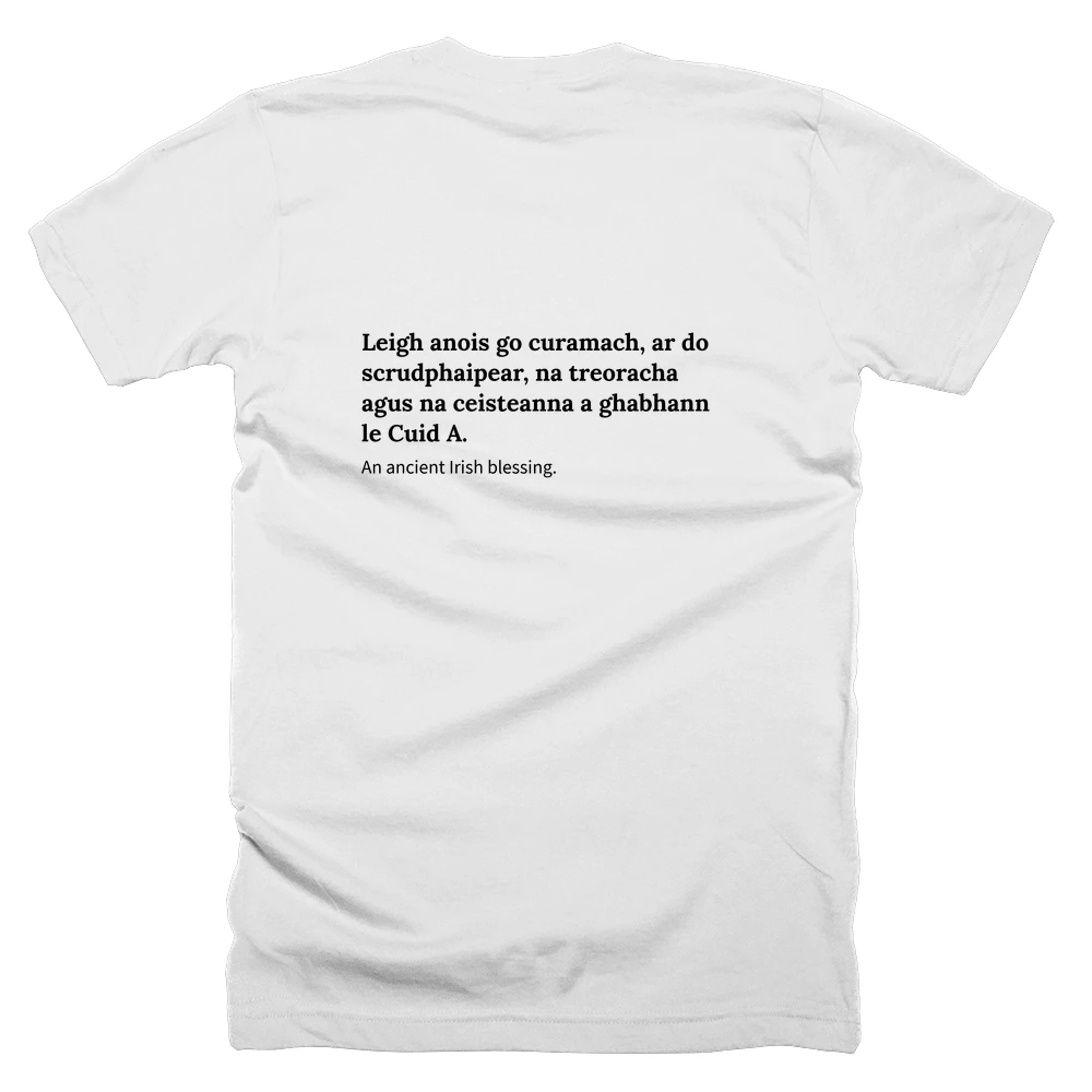 T-shirt with a definition of 'Leigh anois go curamach, ar do scrudphaipear, na treoracha agus na ceisteanna a ghabhann le Cuid A.' printed on the back