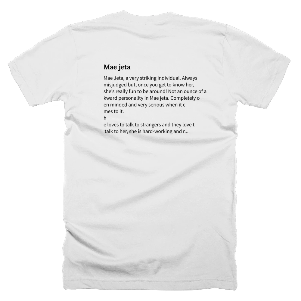 T-shirt with a definition of 'Mae jeta' printed on the back