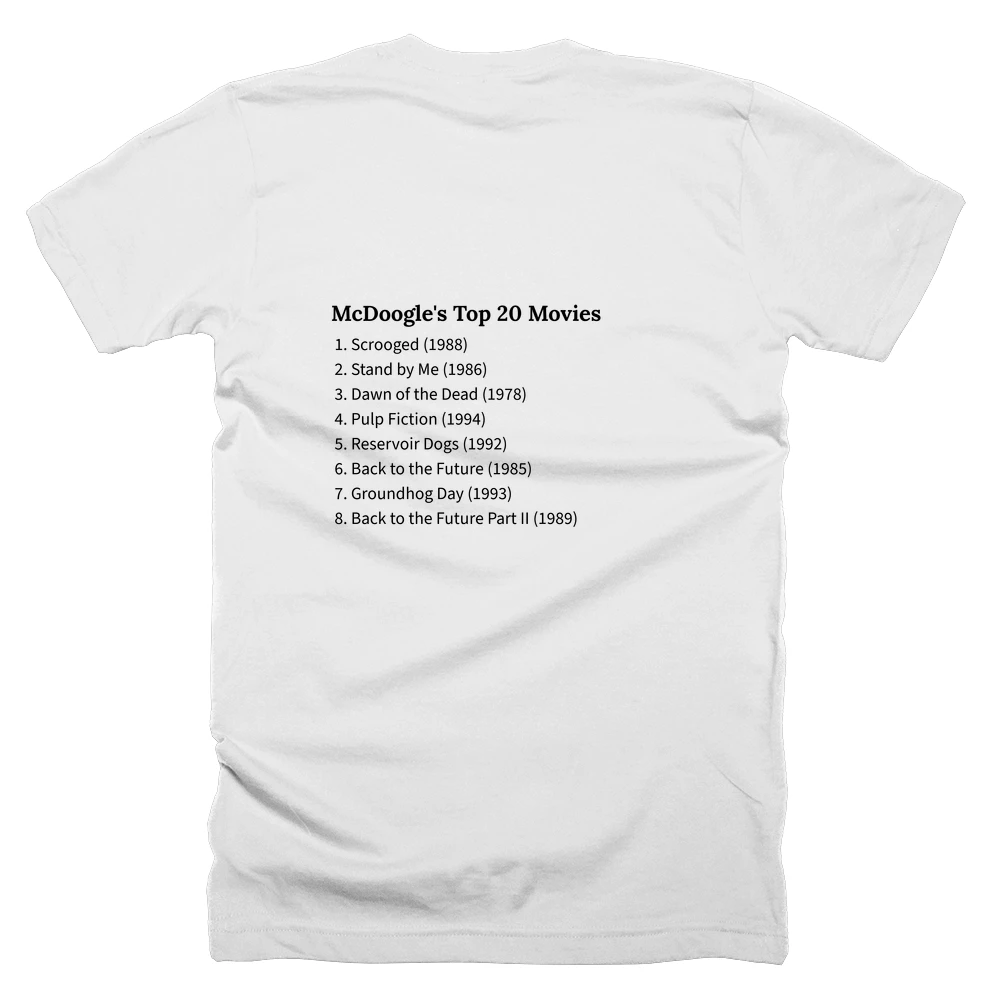 T-shirt with a definition of 'McDoogle's Top 20 Movies' printed on the back