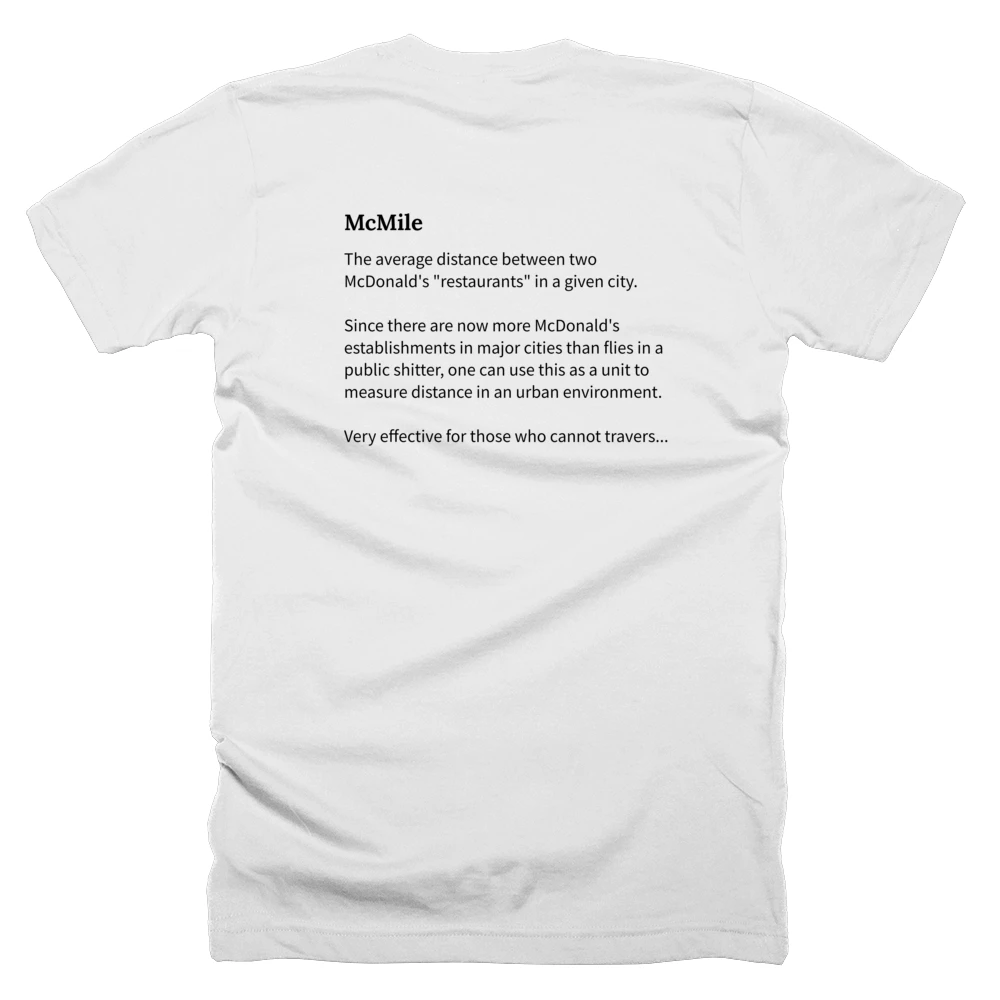 T-shirt with a definition of 'McMile' printed on the back
