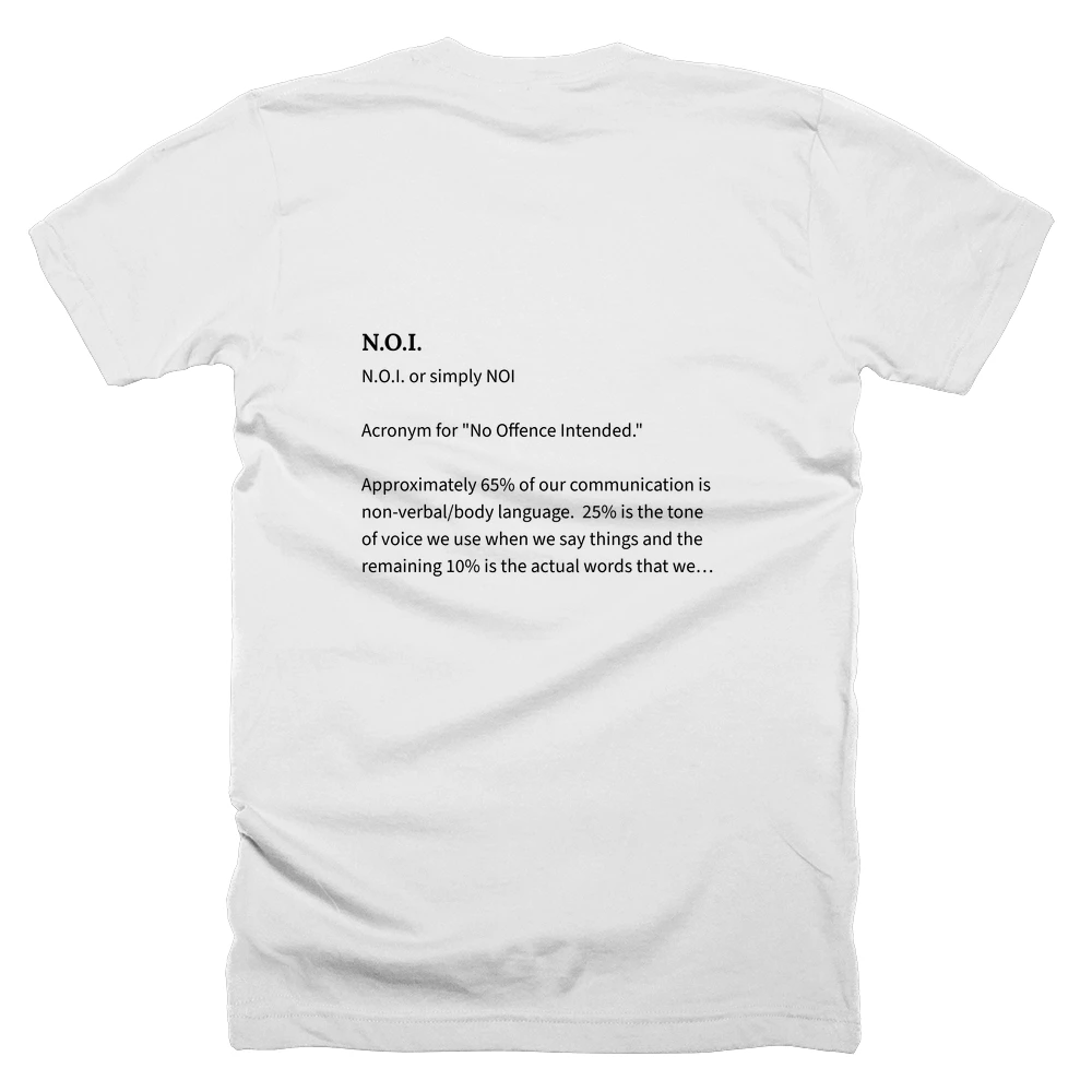 T-shirt with a definition of 'N.O.I.' printed on the back