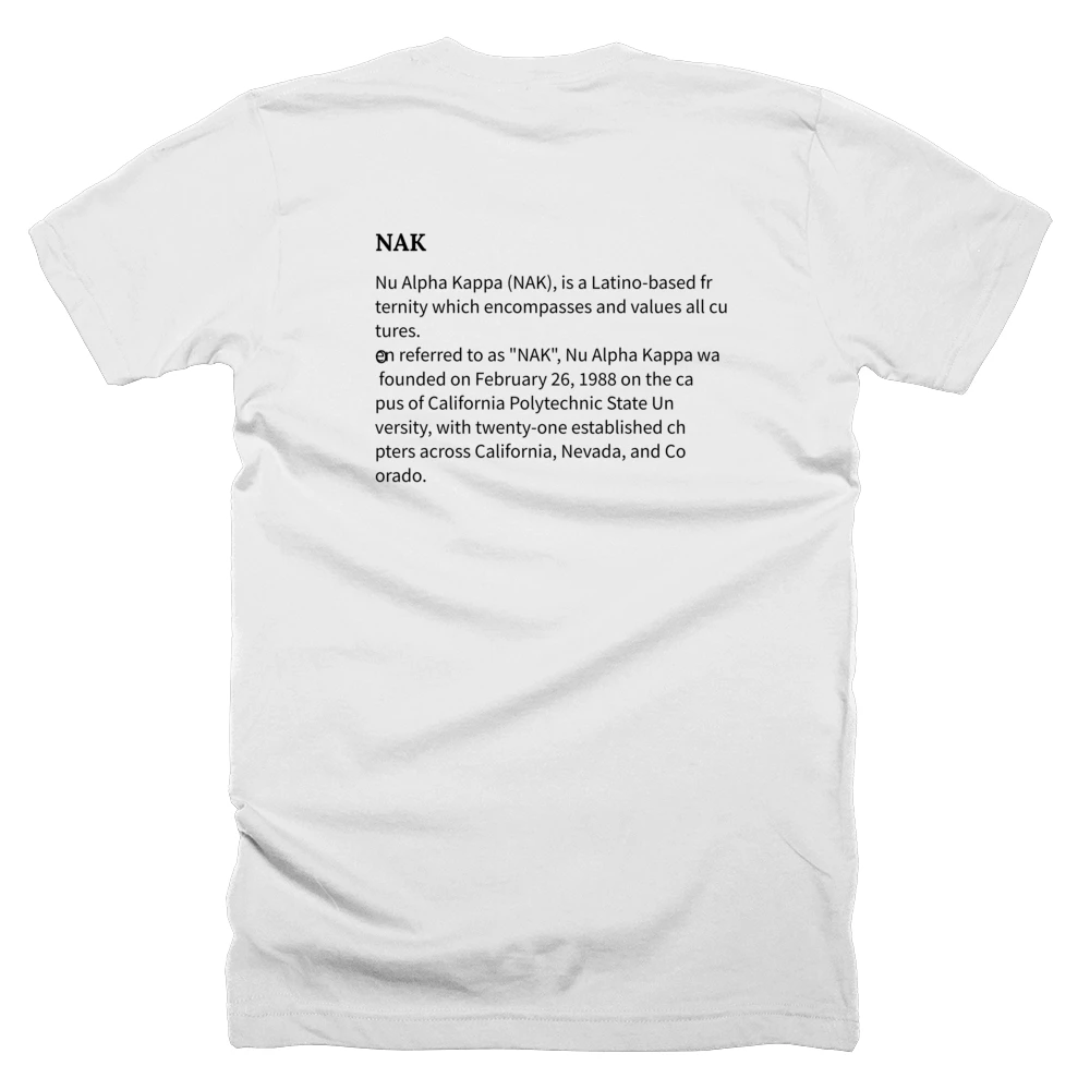 T-shirt with a definition of 'NAK' printed on the back