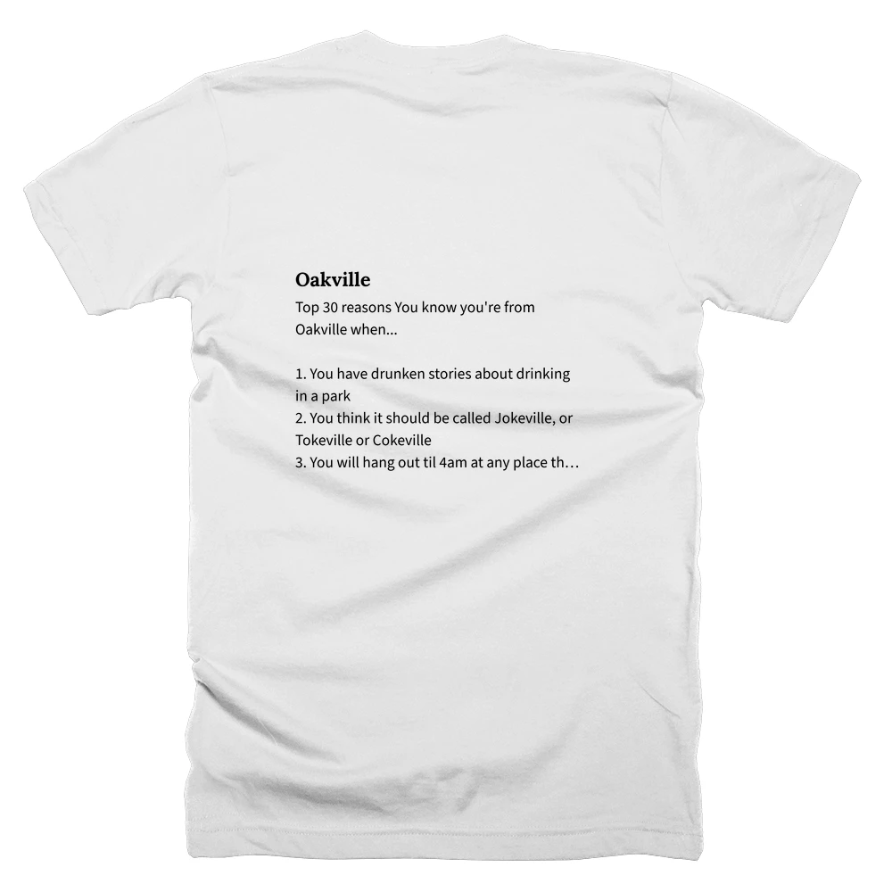 T-shirt with a definition of 'Oakville' printed on the back