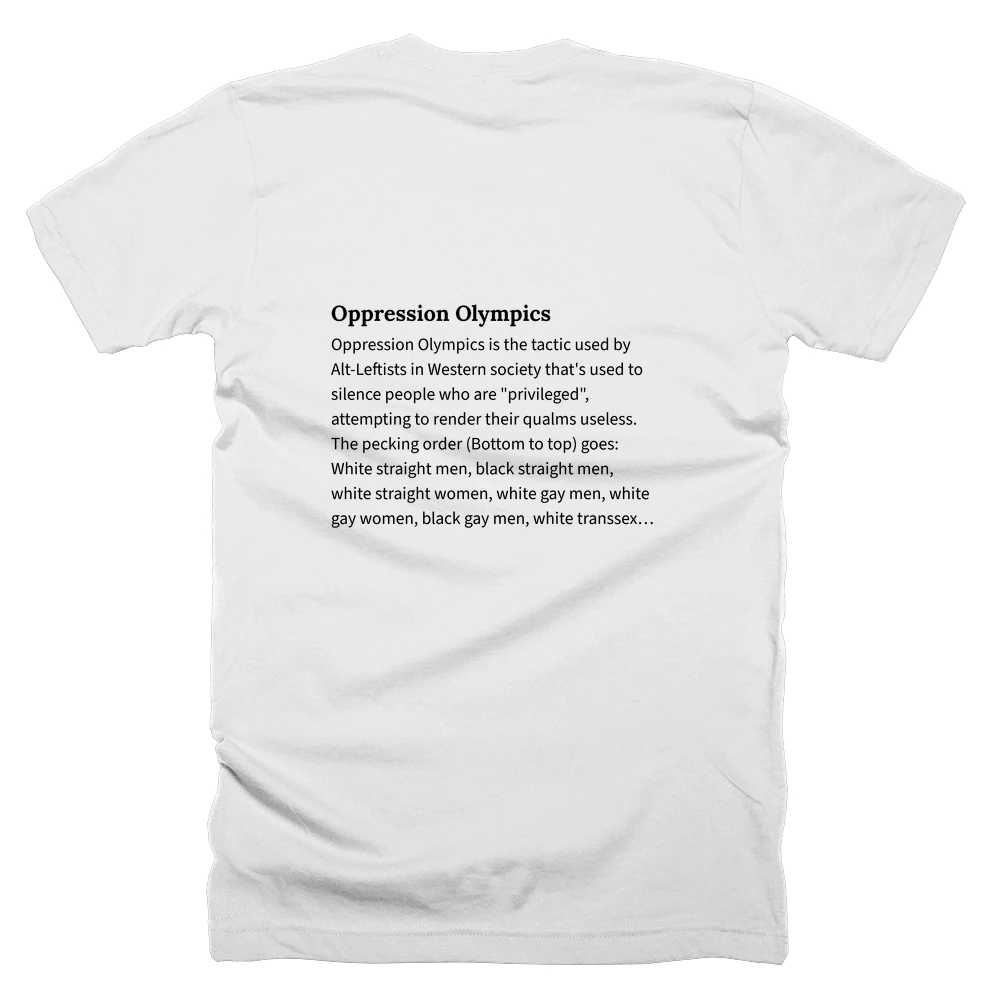 T-shirt with a definition of 'Oppression Olympics' printed on the back