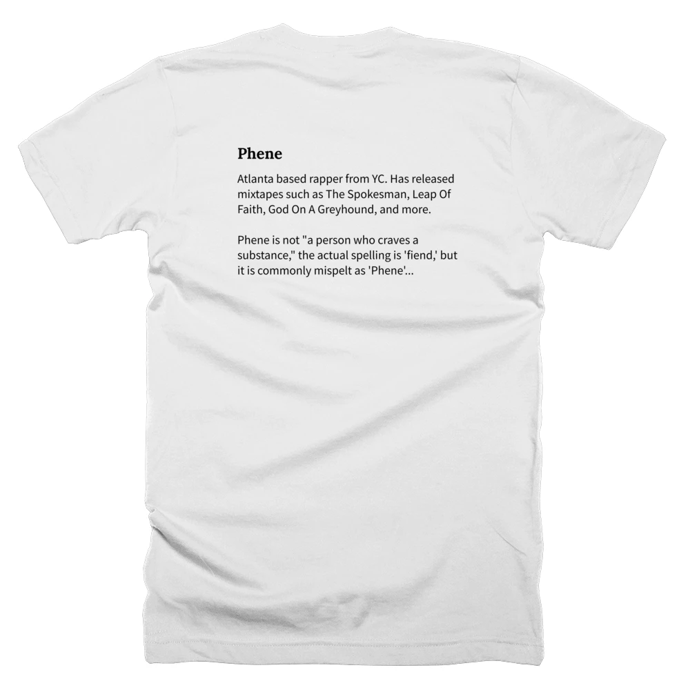 T-shirt with a definition of 'Phene' printed on the back