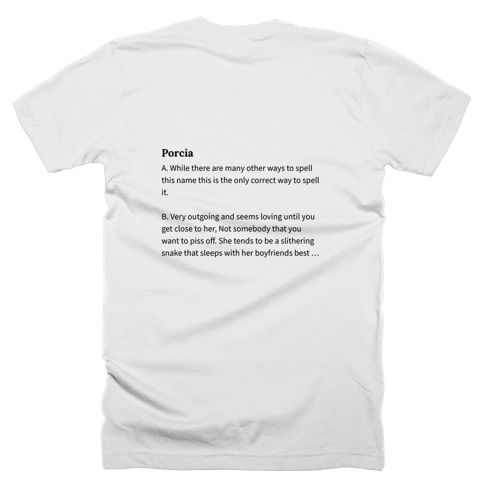T-shirt with a definition of 'Porcia' printed on the back