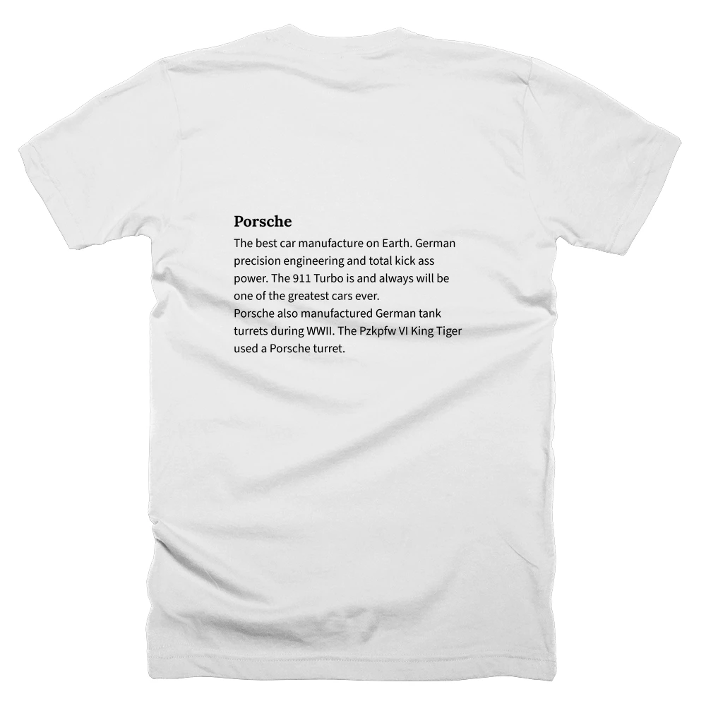 T-shirt with a definition of 'Porsche' printed on the back