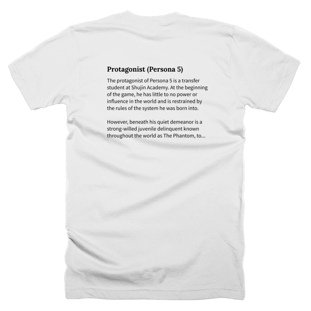T-shirt with a definition of 'Protagonist (Persona 5)' printed on the back