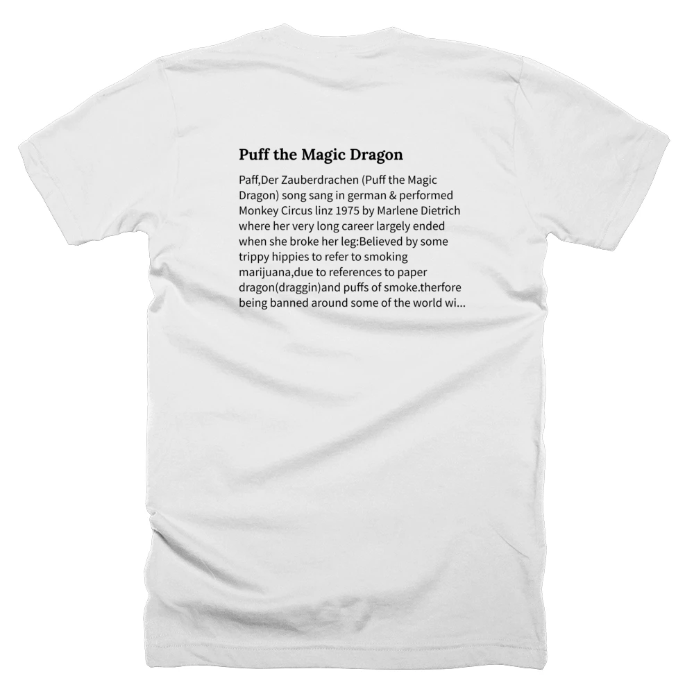 T-shirt with a definition of 'Puff the Magic Dragon' printed on the back