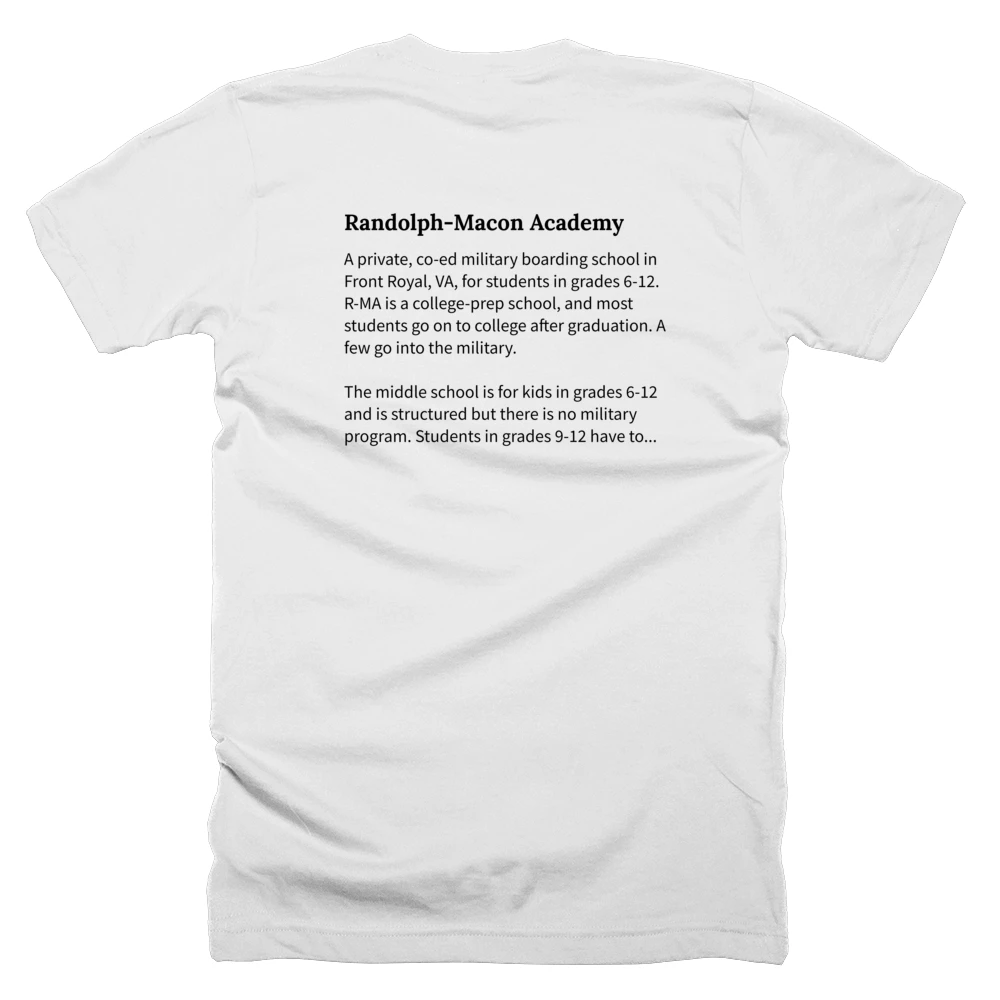 T-shirt with a definition of 'Randolph-Macon Academy' printed on the back