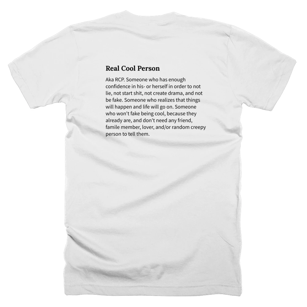 T-shirt with a definition of 'Real Cool Person' printed on the back