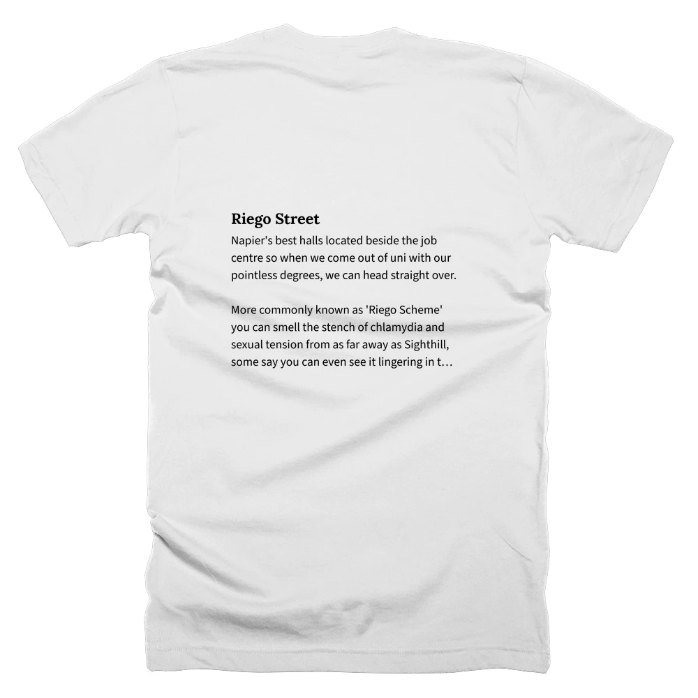 T-shirt with a definition of 'Riego Street' printed on the back