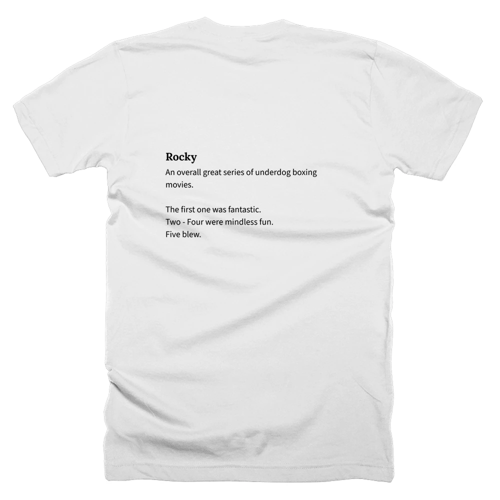 T-shirt with a definition of 'Rocky' printed on the back