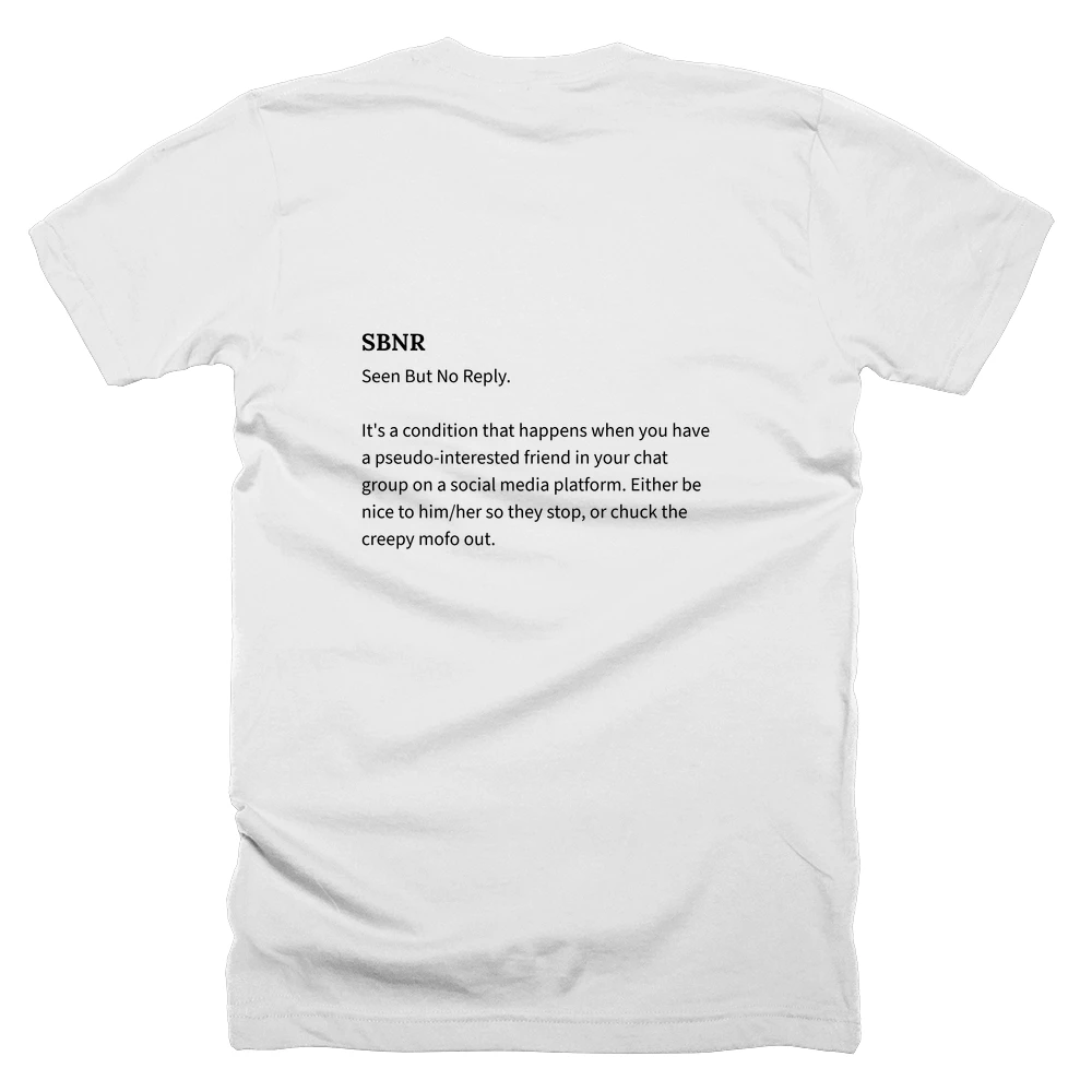 T-shirt with a definition of 'SBNR' printed on the back