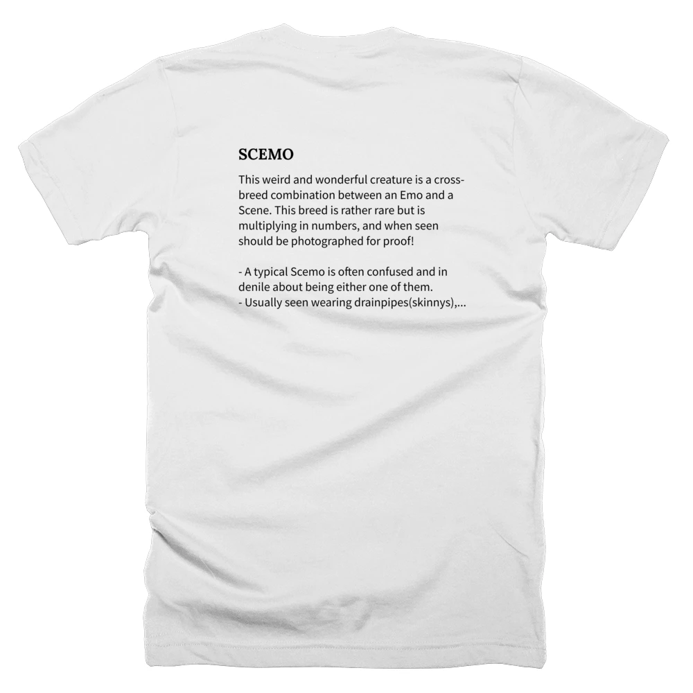 T-shirt with a definition of 'SCEMO' printed on the back
