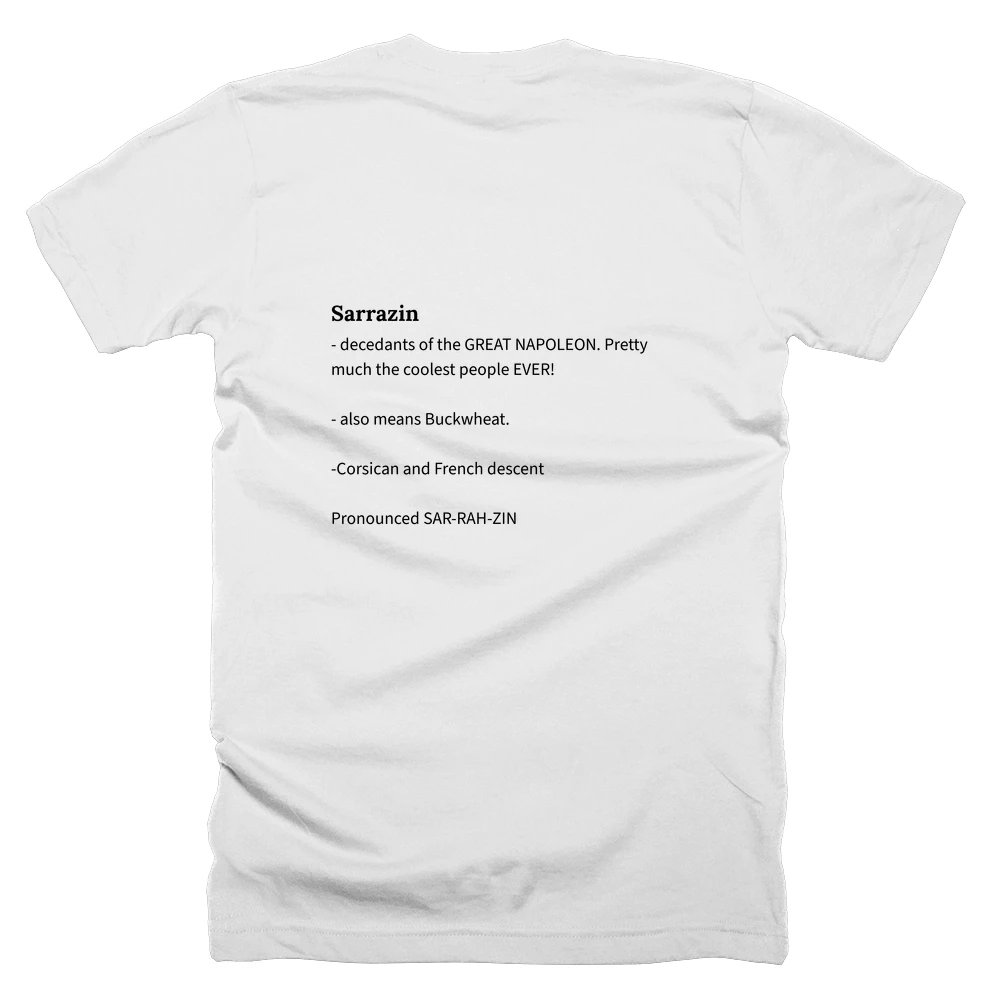 T-shirt with a definition of 'Sarrazin' printed on the back