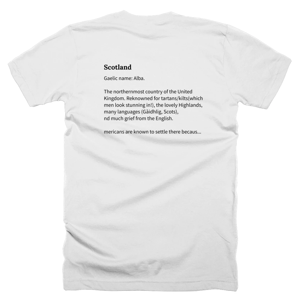 T-shirt with a definition of 'Scotland' printed on the back