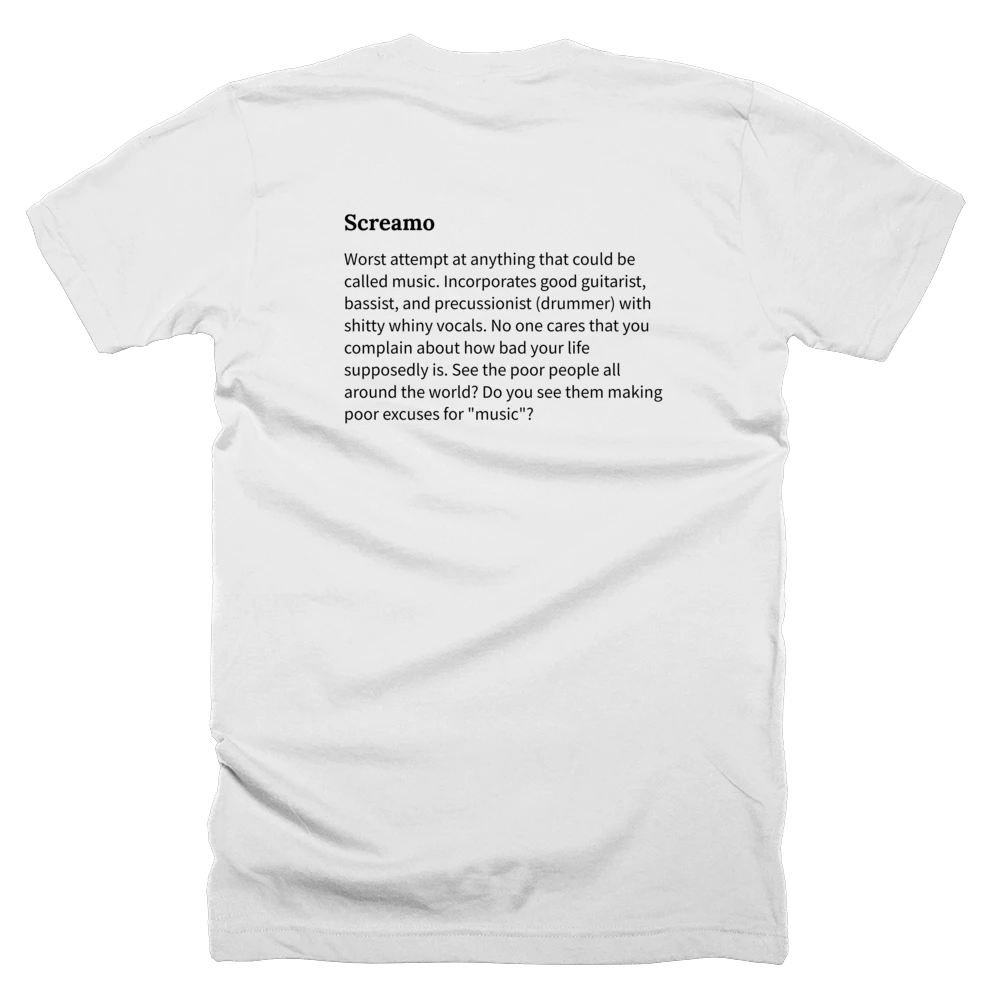 T-shirt with a definition of 'Screamo' printed on the back