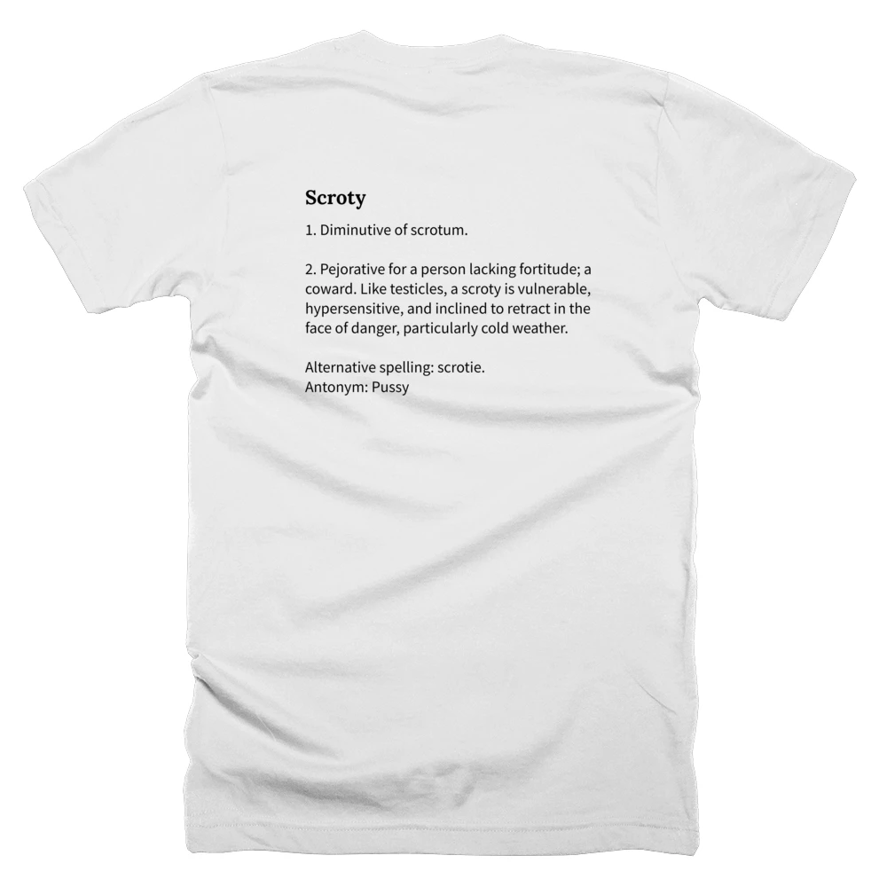 T-shirt with a definition of 'Scroty' printed on the back