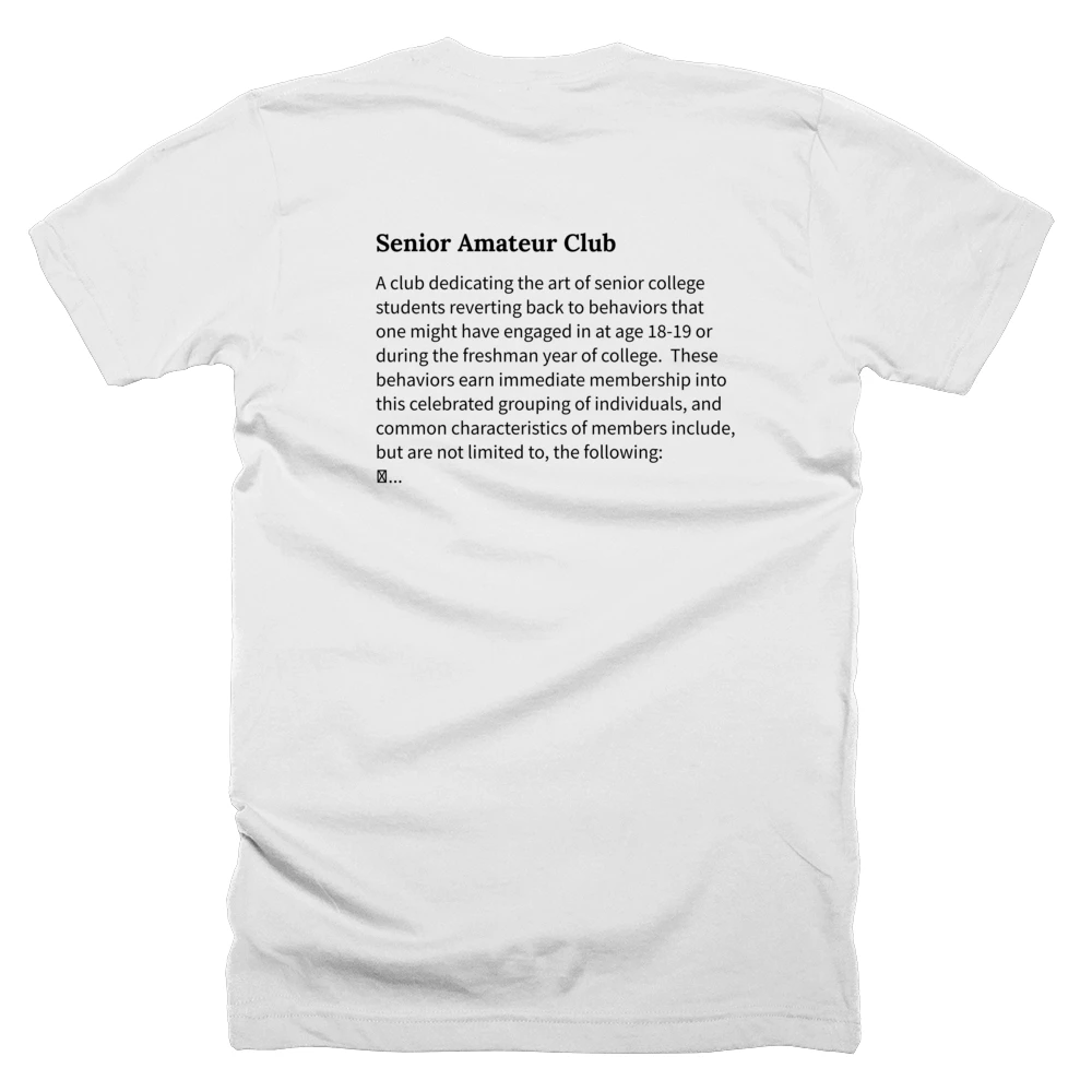 T-shirt with a definition of 'Senior Amateur Club' printed on the back