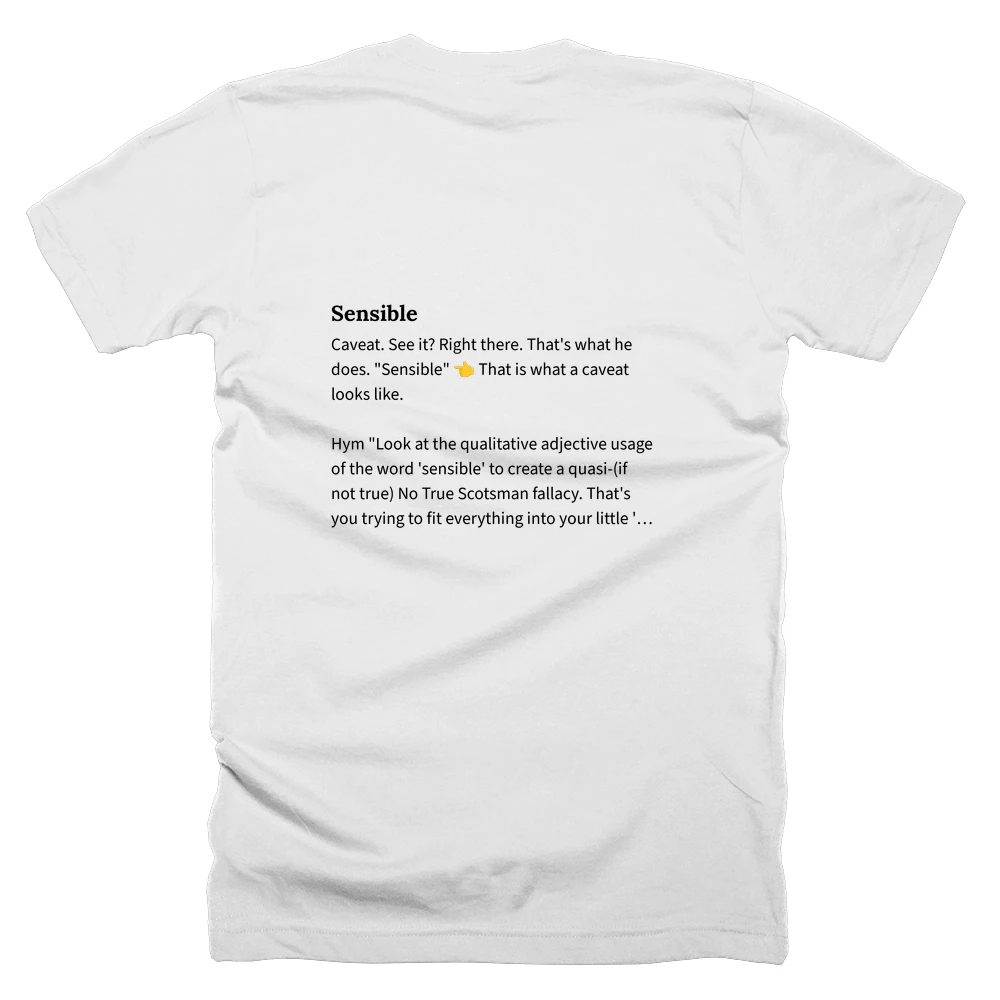 T-shirt with a definition of 'Sensible' printed on the back