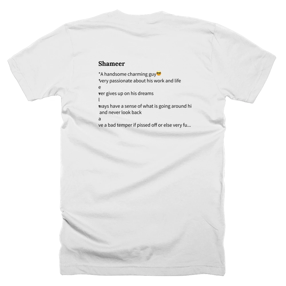 T-shirt with a definition of 'Shameer' printed on the back