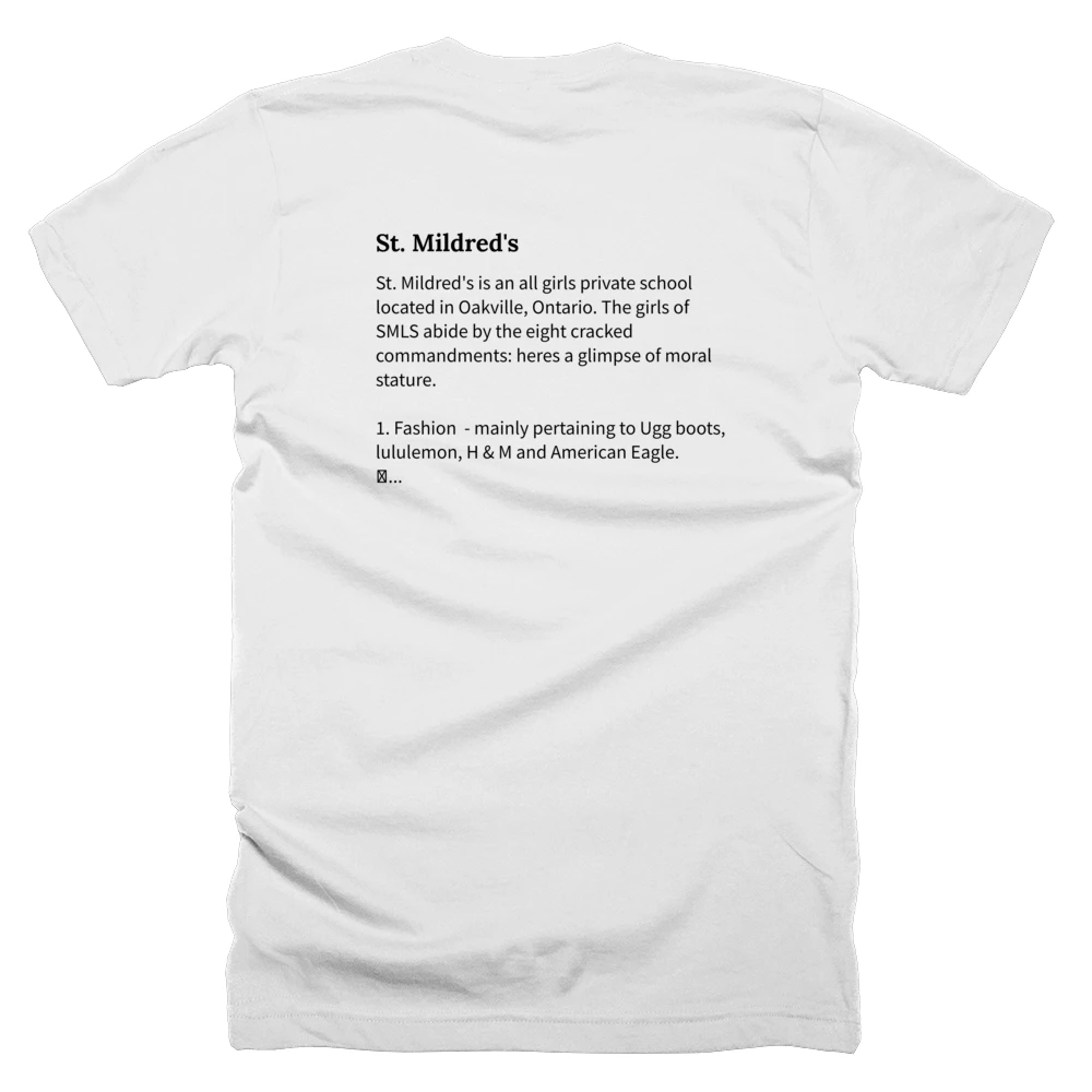 T-shirt with a definition of 'St. Mildred's' printed on the back