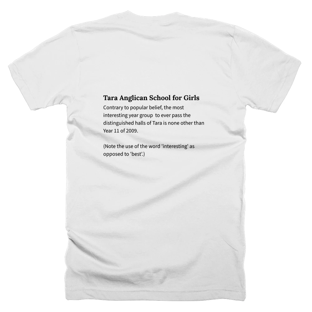 T-shirt with a definition of 'Tara Anglican School for Girls' printed on the back