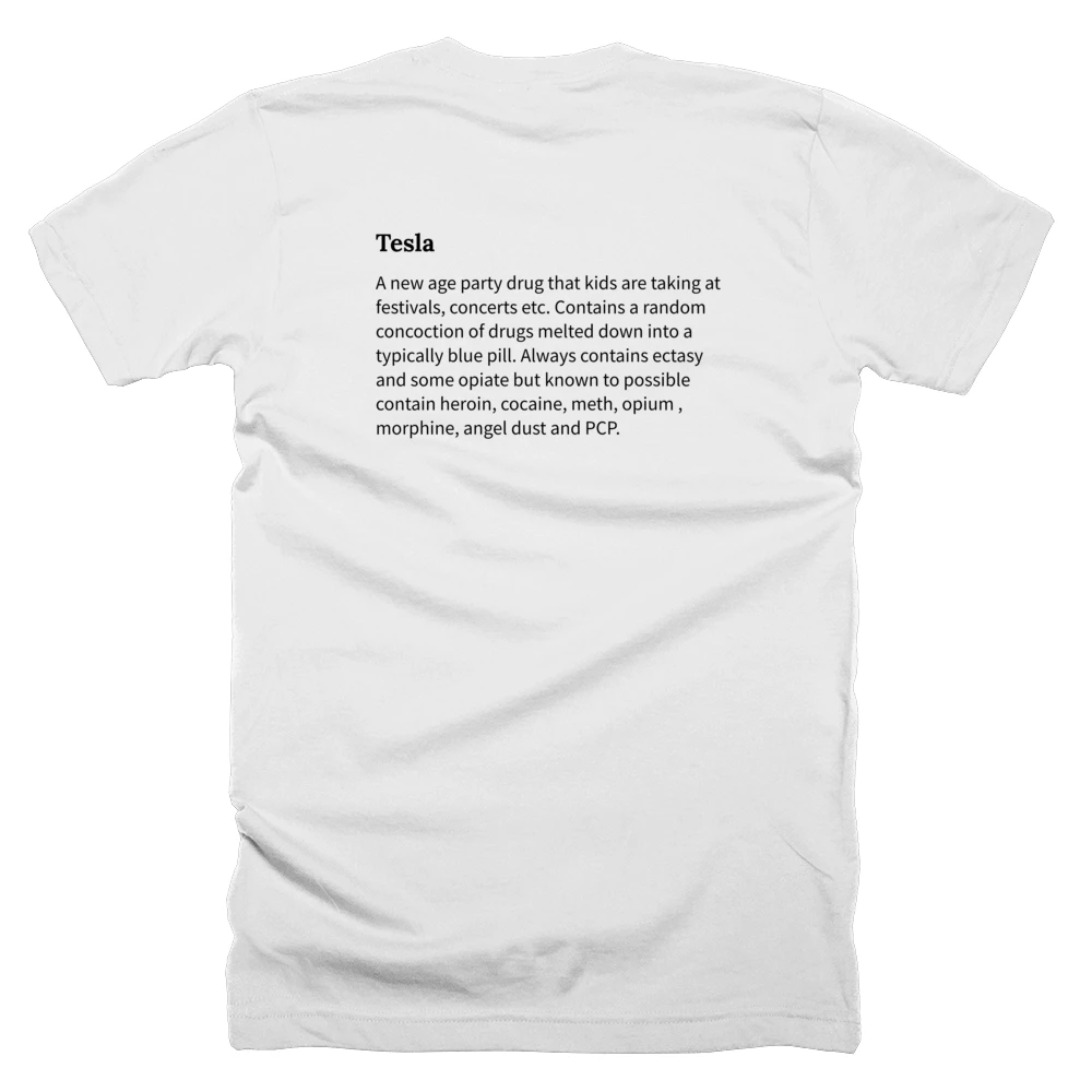 T-shirt with a definition of 'Tesla' printed on the back