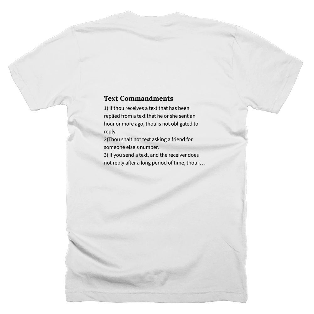 T-shirt with a definition of 'Text Commandments' printed on the back