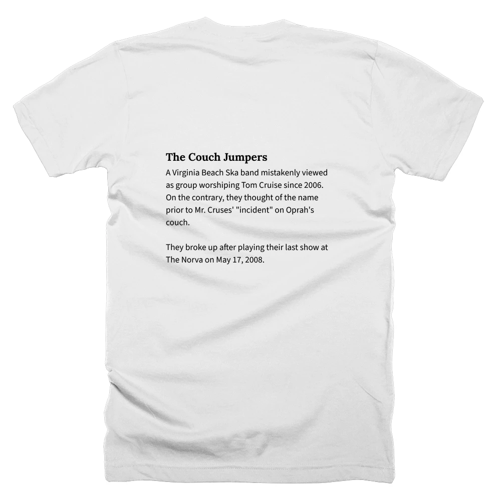 T-shirt with a definition of 'The Couch Jumpers' printed on the back