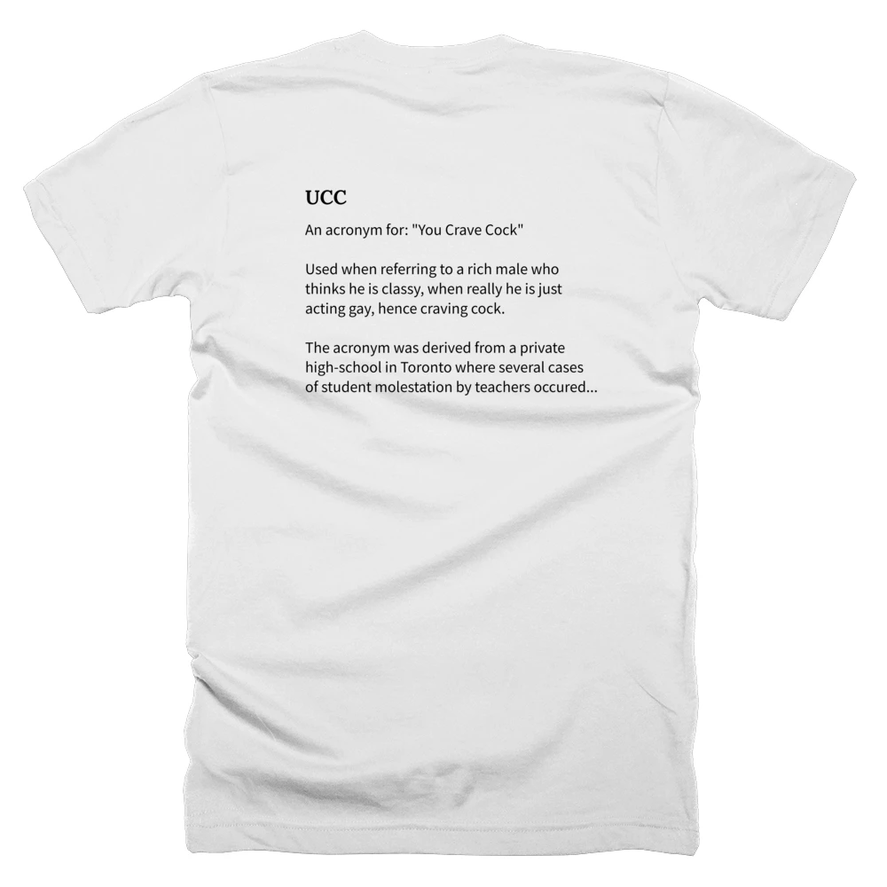 T-shirt with a definition of 'UCC' printed on the back