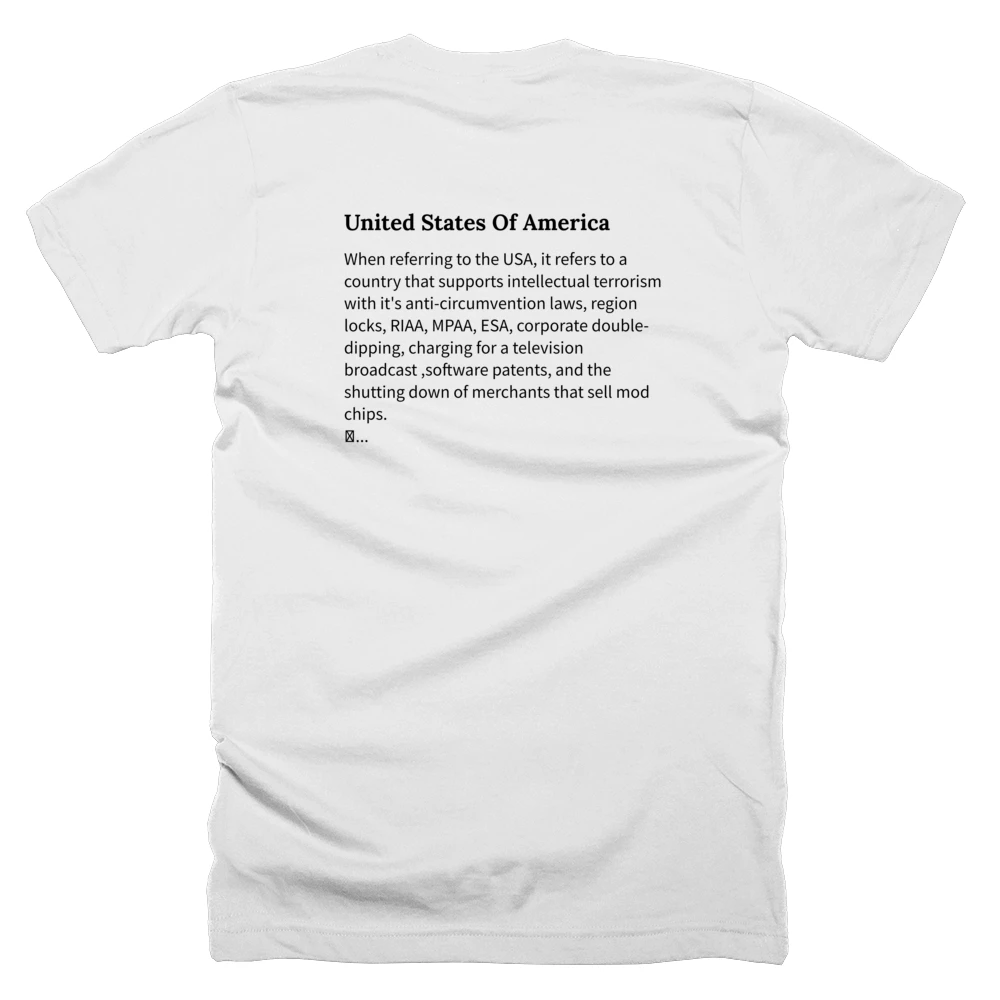 T-shirt with a definition of 'United States Of America' printed on the back