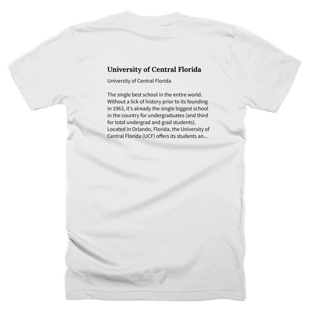 T-shirt with a definition of 'University of Central Florida' printed on the back