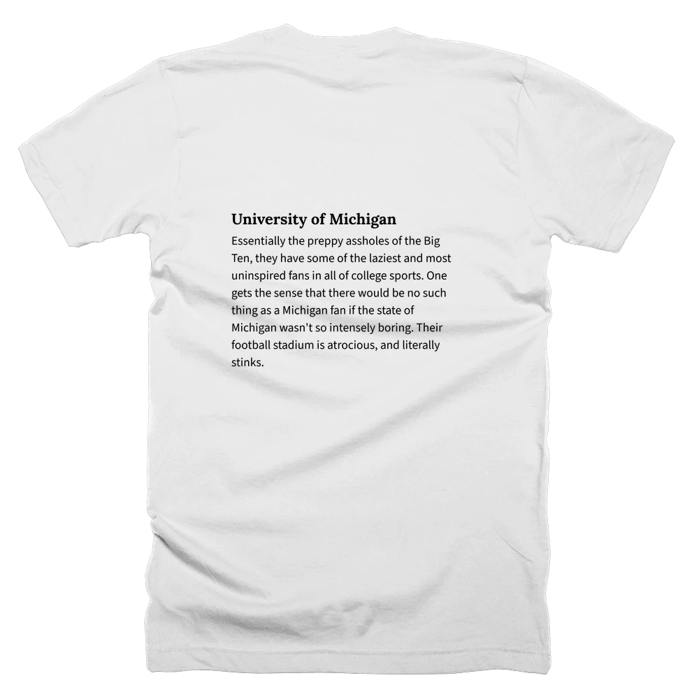 T-shirt with a definition of 'University of Michigan' printed on the back