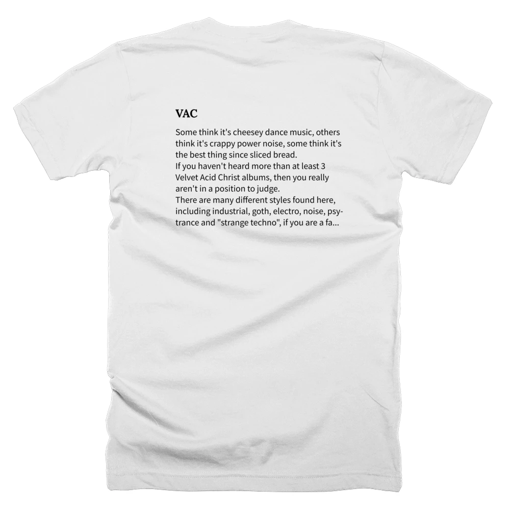 T-shirt with a definition of 'VAC' printed on the back