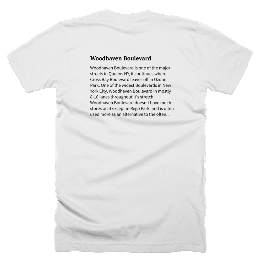 T-shirt with a definition of 'Woodhaven Boulevard' printed on the back