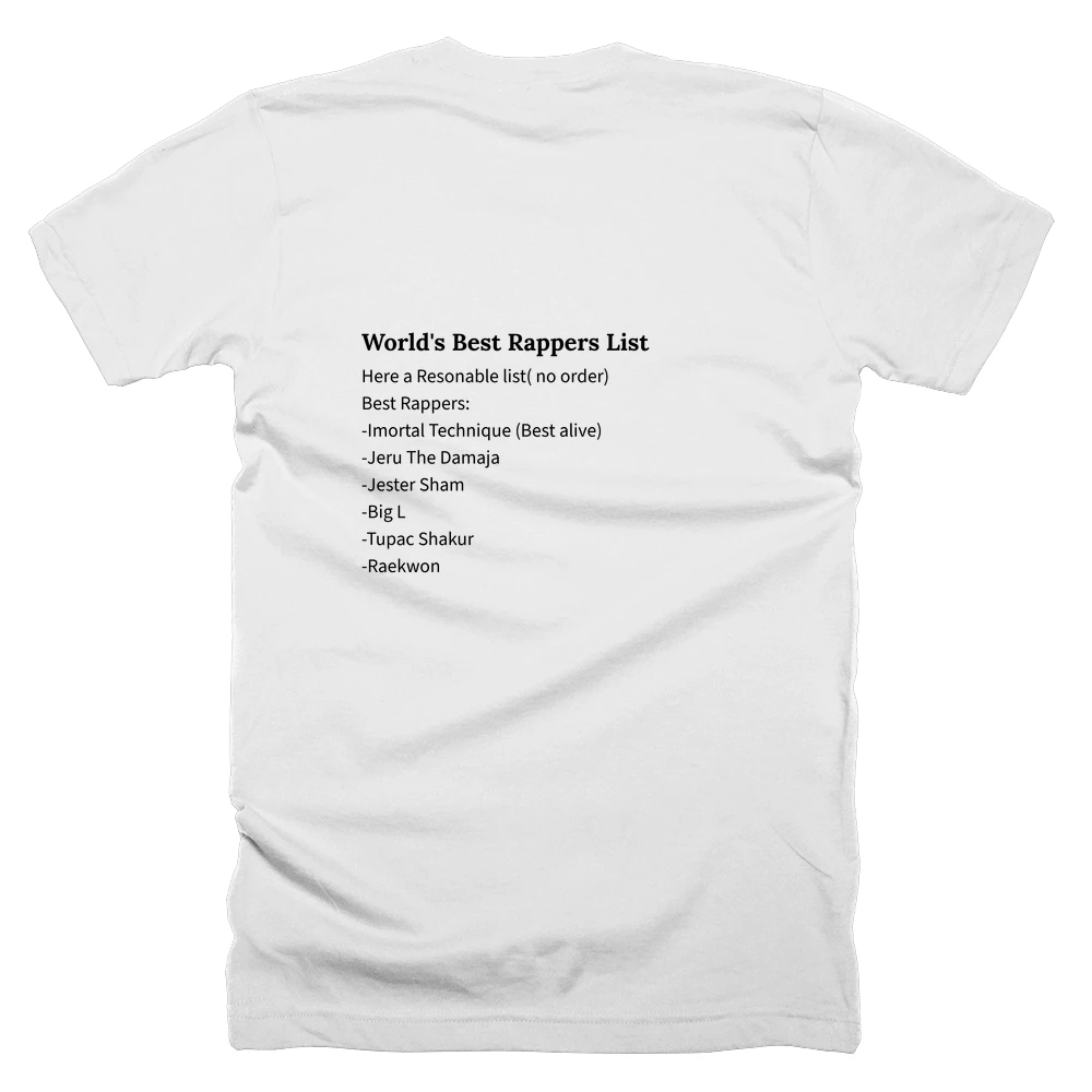 T-shirt with a definition of 'World's Best Rappers List' printed on the back