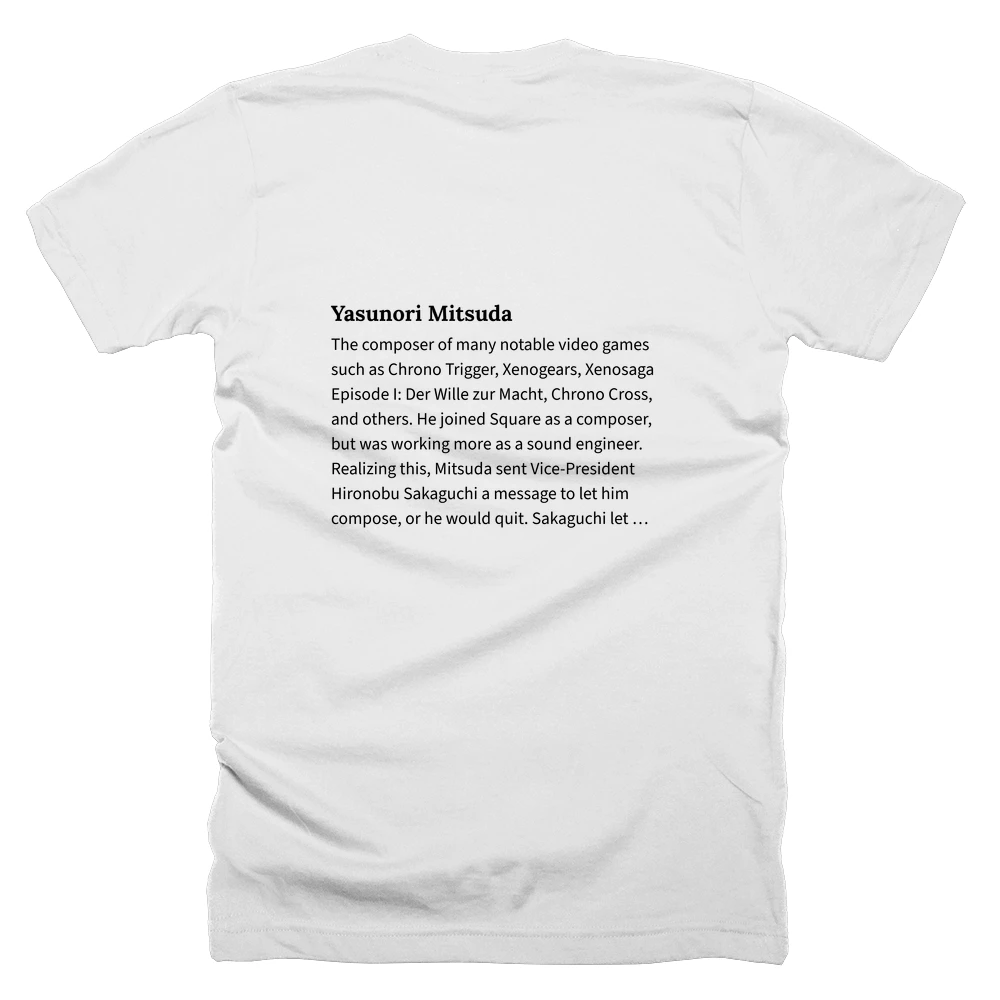 T-shirt with a definition of 'Yasunori Mitsuda' printed on the back