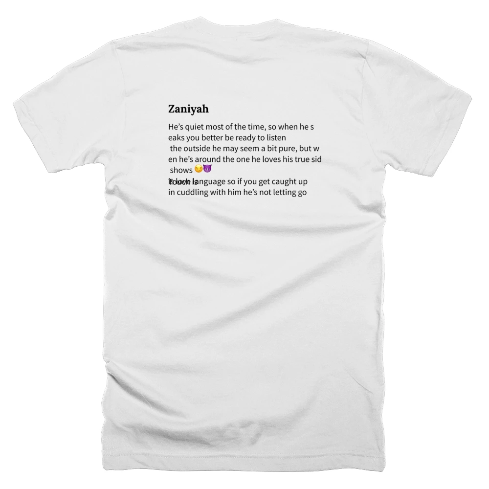 T-shirt with a definition of 'Zaniyah' printed on the back