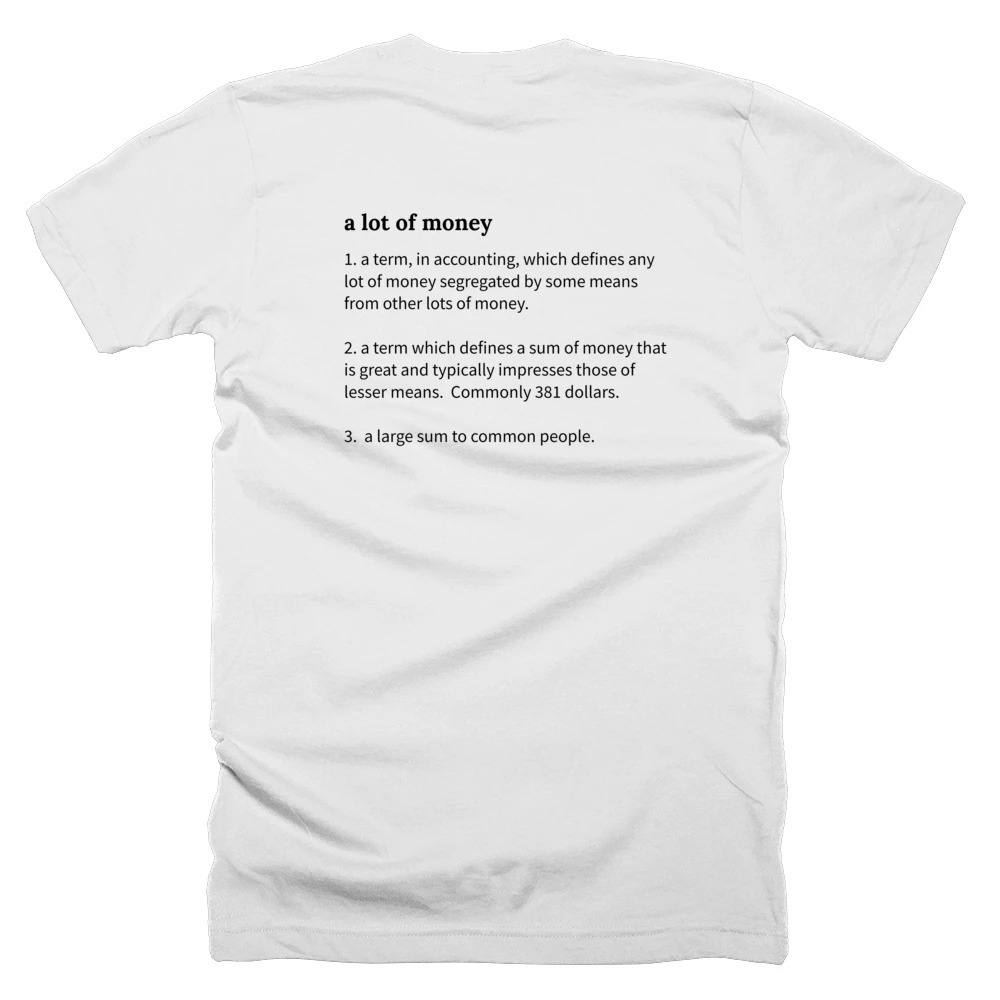 T-shirt with a definition of 'a lot of money' printed on the back