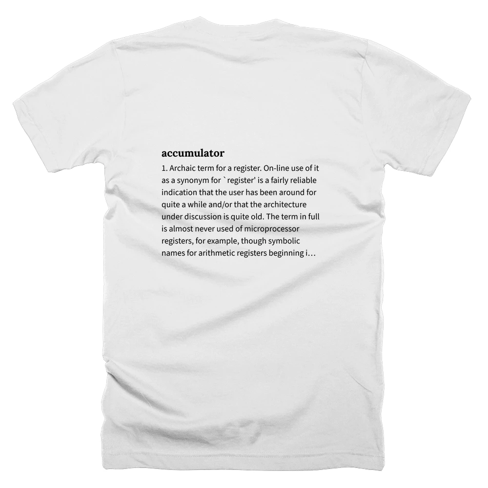 T-shirt with a definition of 'accumulator' printed on the back