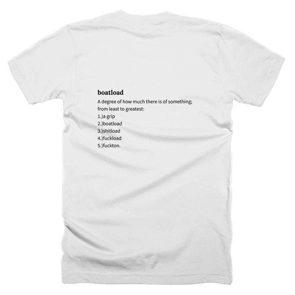 T-shirt with a definition of 'boatload' printed on the back