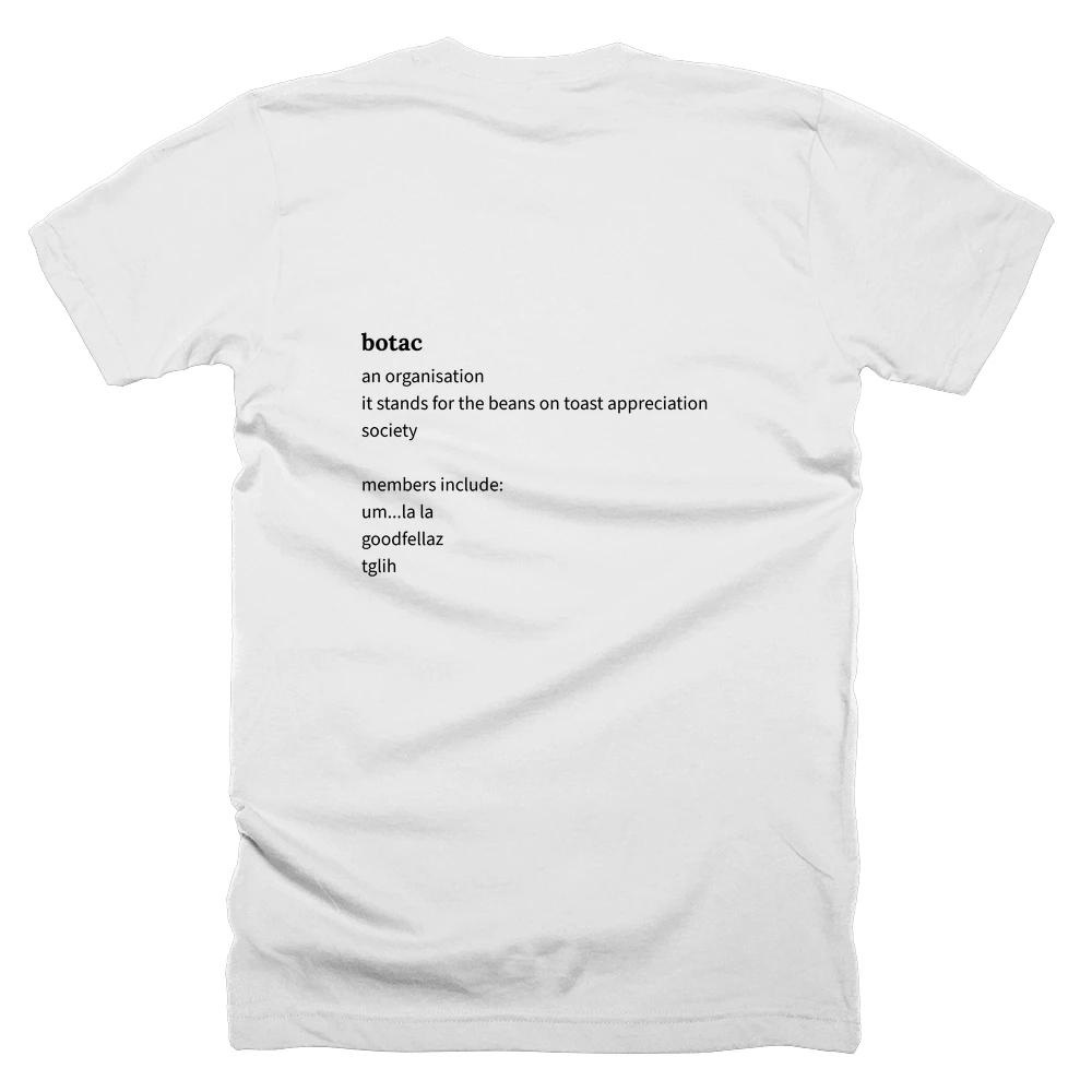 T-shirt with a definition of 'botac' printed on the back