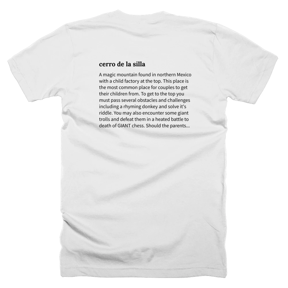 T-shirt with a definition of 'cerro de la silla' printed on the back