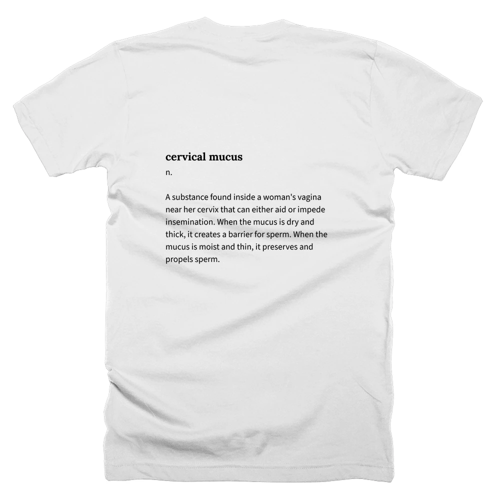 T-shirt with a definition of 'cervical mucus' printed on the back