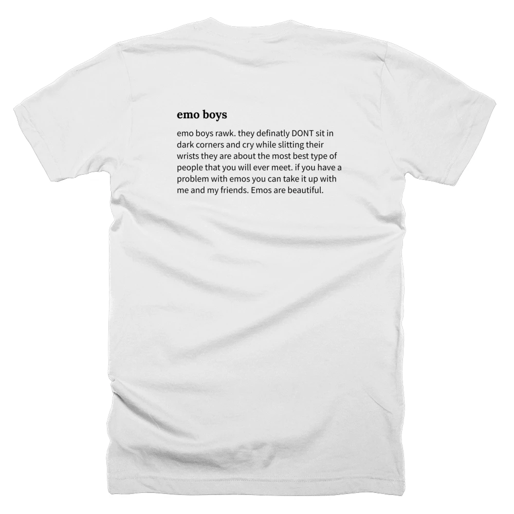 T-shirt with a definition of 'emo boys' printed on the back