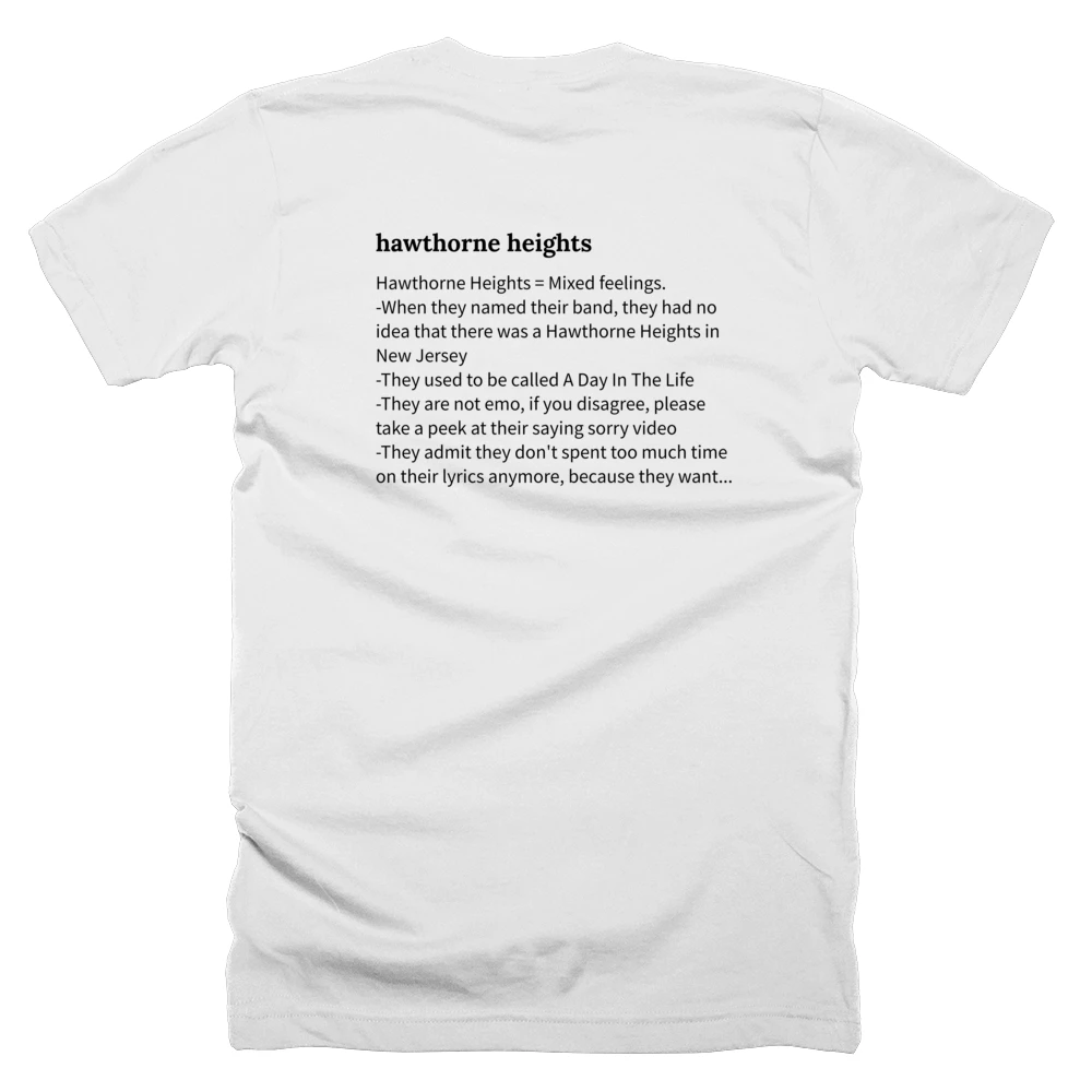 T-shirt with a definition of 'hawthorne heights' printed on the back