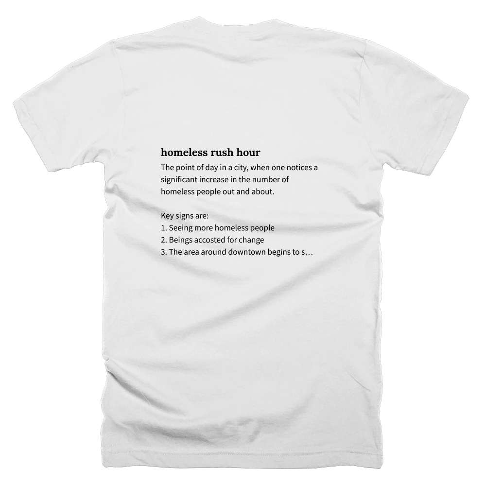 T-shirt with a definition of 'homeless rush hour' printed on the back